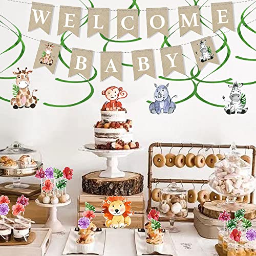 Willkommen Babyparty Party Dekor Zubehör für Jungen und Mädchen Geschlechtsoffenbarung Taufe Wald Wald Tier Geburtstag Party Kit mit rustikalen Kreaturen Papierausschnitten & Banner & Kuchenaufsatz & Luftschlangen von CHIPOKAE