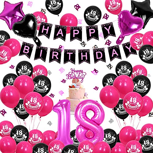 CHMMY 18 Geburtstag Mädchen deko 18. Geburtstag Luftballon Schwarzrosa Geburtstagdeko Mädchen Folienballon 18 Ballon Deko Geburtstag Happy Birthday Girlande Decorations - Geburtstag Mädchen Pink von CHMMY