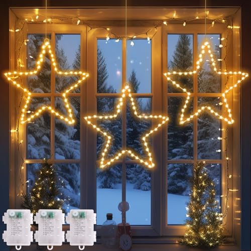 CHMMY Weihnachtsbeleuchtung Fenster, 3Pack LED Weihnachtsdeko Fensterlichter mit Warmweiße 40 LED Stern Lichter 8 Modi Weihnachtsstern Fensterlichter für Weihnachtsdeko Innen Balkon Party Hochzeit von CHMMY