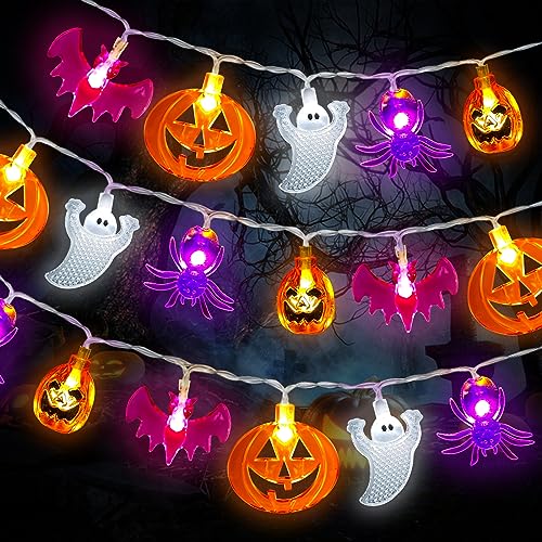 Halloween Deko Lichterkette, 20 LED Halloween Lichterkette mit Kürbis Geister Fledermaus Anhänger Spinne, 2 Modi LED Lichterkette Außen Halloween Deko für Halloween Innen und Außen Garten Festen von CHMMY