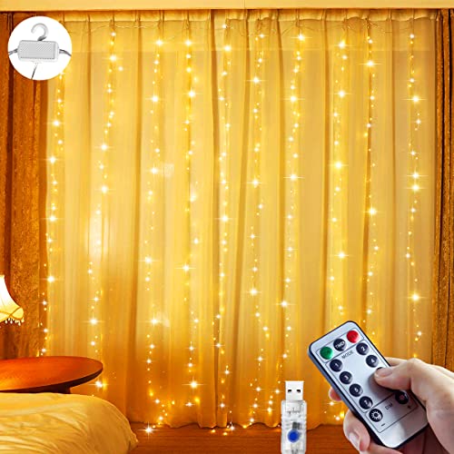 CHOIGN LED Lichtervorhang 3x3m, 200 LEDs Lichtervorhang innen USB warmweiß, Lichterkette innen fenster mit 10 Haken, für innen und außen Deko Schlafzimmer Party Wand Balkon von CHOIGN