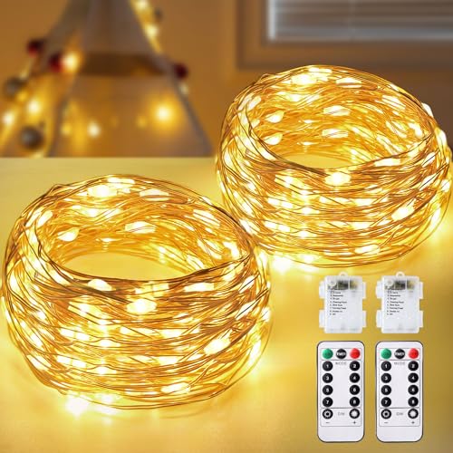 Lichterkette [2 Stück] 12 m 120 LEDs 8 Modi, Timer dimmbar mit Fernbedienung, IP65 wasserdicht, Kupferdraht, Fairy Lights Batterie, Warmweiß, für Innen / Außen, Schlafzimmer, Haus, Garten, Weihnachten von CHOIGN