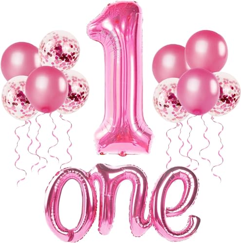 Luftballon 1. Geburtstag Rosa, 12Pcs Luftballons Geburtstag mit Folienballon Latex Ballons, Ballon 1 Geburtstag Party Ballons, Rosa Luftballons Zum 1. Geburtstag, Geburtstagsdeko 1 Jahr für Mädchen von CHONGQILAO