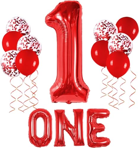 Luftballon 1. Geburtstag Rot, 14Pcs Luftballons Geburtstag mit Folienballon Latex Ballons, Ballon 1 Geburtstag Party Ballons, Rot Luftballons Zum 1. Geburtstag, Geburtstagsdeko 1 Jahr für Kinder von CHONGQILAO