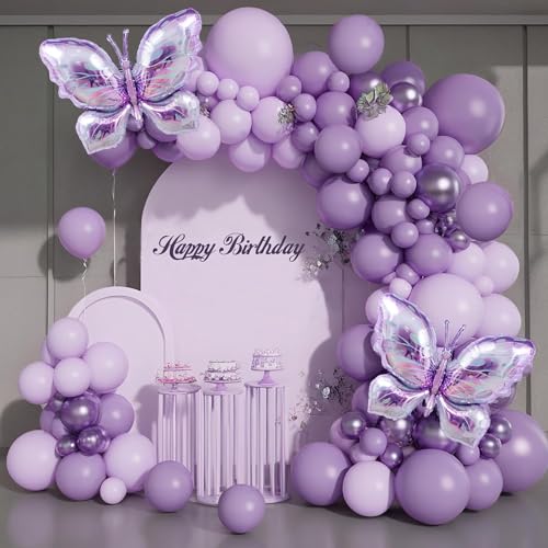 Luftballon Girlande Lila, 124 Stück Schmetterlings Folienballon Geburtstag Set, Ballongirlande Hochzeit, Luftballons Geburtstag aus 100% Naturlatex für Mädchen Kinder Baby Shower Party Dekorationen von CHONGQILAO