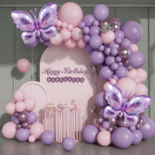 Luftballon Girlande Lila, 124 Stück Schmetterlings Folienballon Geburtstag Set, Ballongirlande Hochzeit, Luftballons Geburtstag aus 100% Naturlatex für Mädchen Kinder Baby Shower Party Dekorationen von CHONGQILAO