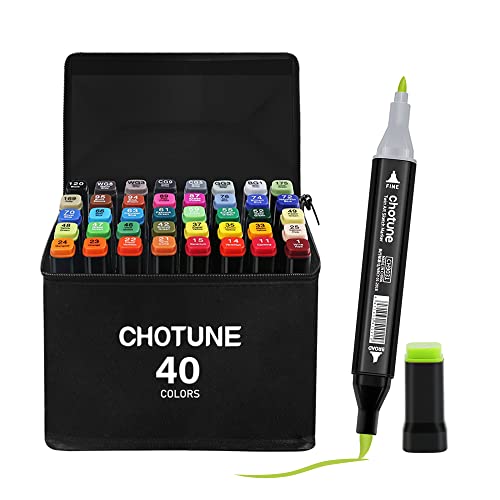 CHOTUNE 40 Farben Marker Set, 2023 Neueste Permanenter Marker, Einzigartiges Doppelkopf-Design, Ausgestattet mit Schwarzer Tragetasche Lagerbasis für Manga Skizzieren Zeichnung von CHOTUNE