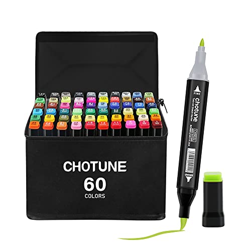 CHOTUNE 60 Farben Marker Set, 2023 Neueste Permanenter Marker, Einzigartiges Doppelkopf-Design, Ausgestattet mit Schwarzer Tragetasche Lagerbasis für Manga Skizzieren Zeichnung von CHOTUNE