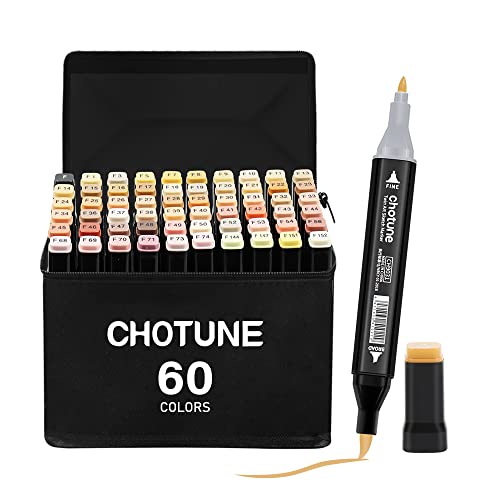 CHOTUNE 60 Hauttöne Marker Set, 2023 Neueste Alkohol Permanenter Marker, Einzigartiges Doppelkopf-Design, Ausgestattet mit Schwarzer Tragetasche Lagerbasis für Manga Skizzieren Zeichnung von CHOTUNE