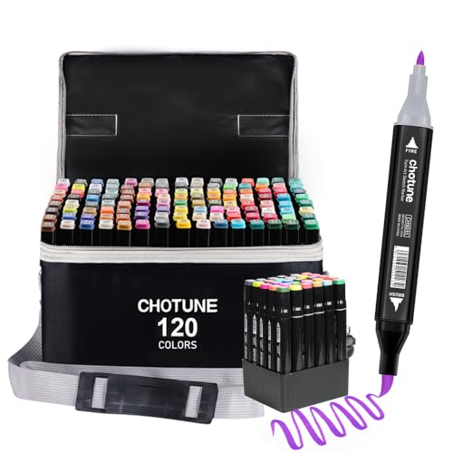 CHOTUNE Alkohol Marker Set, 120 Farben Weiche Bürste und Fein Doppelte Spitze Sketch Zeichenmarker, Einfaches Mischen zum Skizzieren und Illustrieren mit Schwarzer Handtasche und Basis von CHOTUNE