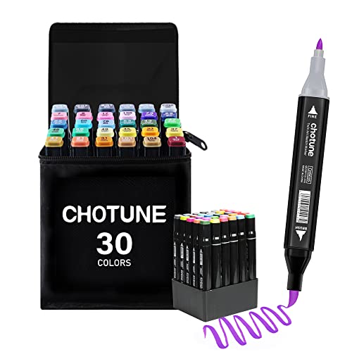 CHOTUNE Alkohol Marker Set, 30 Farben Weiche Bürste und Fein Doppelte Spitze Sketch Zeichenmarker, Einfaches Mischen zum Skizzieren und Illustrieren mit Schwarzer Handtasche und Basis von CHOTUNE