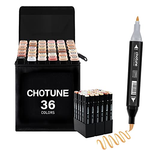 CHOTUNE Alkohol Marker Set, 36 Hauttöne Doppelte Spitze Weiche Bürste und Fein Sketch Zeichenmarker, Einfaches Mischen zum Skizzieren und Illustrieren mit Schwarzer Handtasche und Basis von CHOTUNE