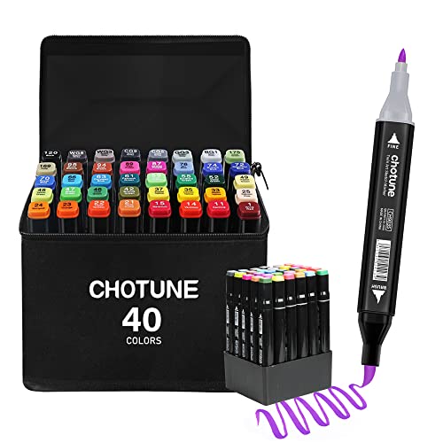 CHOTUNE Alkohol Marker Set, 40 Farben Weiche Bürste und Fein Doppelte Spitze Sketch Zeichenmarker, Einfaches Mischen zum Skizzieren und Illustrieren mit Schwarzer Handtasche und Basis von CHOTUNE