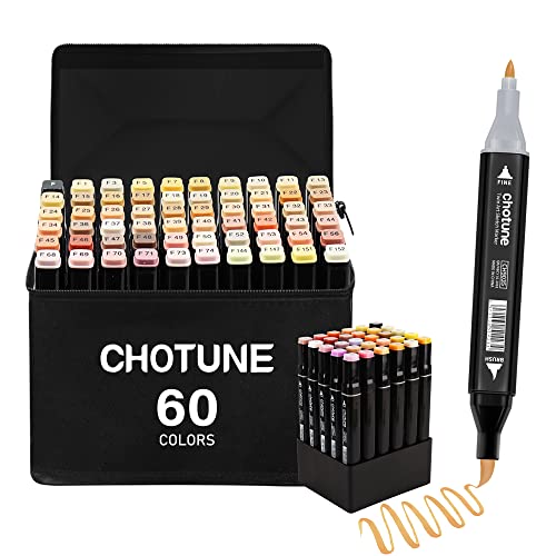 CHOTUNE Alkohol Marker Set, 60 Hauttöne Doppelte Spitze Weiche Bürste und Fein Sketch Zeichenmarker, Einfaches Mischen zum Skizzieren und Illustrieren mit Schwarzer Handtasche und Basis von CHOTUNE