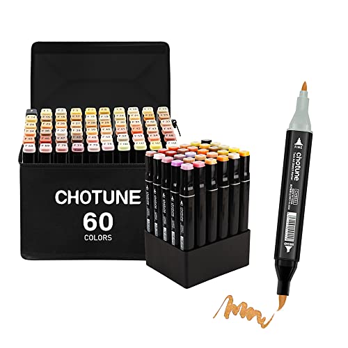 CHOTUNE Professionelles Hautton-Alkoholmarker-Set in 60 Farben.Neueste Permanentmarker, feine Spitzen und Pinselspitzen, mit schwarzer Tragetasche als Aufbewahrungsbasis,geeignet für Comics von CHOTUNE