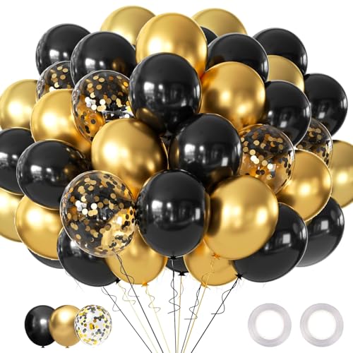 Schwarz und Gold Konfetti Luftballons 60 Stück 12 Zoll Metallic Gold Weiß und Schwarz Konfetti Luftballons mit Bändern für Geburtstagsfeier,Urlaub,Feiern(Black and Gold Balloon Arch) von CHOWMI