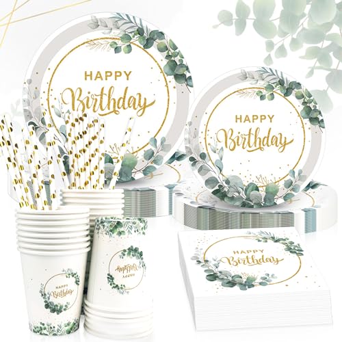 CHRI Geburtstagsdeko Partygeschirr Set 125 STK für 25 Gäste, Eukalyptus Party Geschirrset Geburtstag Deko Happy Birthday Deko Frauen Kindergeburtstag von CHRI