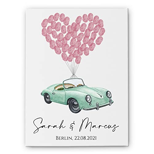 Fingerabdruck Leinwand Hochzeit - 24x30, 30x40 & 60x08 cm - tolle Alternative zum Gästebuch - Fingerprint Hochzeitsleinwand mit Auto Cabrio & Luftballons - mit Namen & Datum personalisiert von CHRISCK design