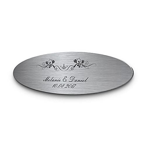 Hochzeitsschild aus Edelstahl oval mit Namen oder Spruch & Rosen | Wetterfest mit vielen Motiven zB für Hochzeitsbank | Goldene Hochzeit Geschenke zur Silberhochzeit Just Married von CHRISCK design