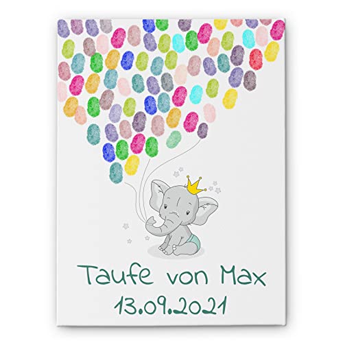 CHRISCK design Leinwand Fingerabdruck Taufe Geburt Geburtstag Babyparty - Fingerabdrücke Gästebuch mit Elefant & Ballons - Mit Namen & Wunschtext - tolle sFingerprint für Gäste Mädchen Jungen von CHRISCK design