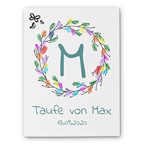 CHRISCK design Leinwand Taufe Fingerabdruck - Fingerabdrücke Gästebuch mit Blumenkranz für Geburt Geburtstag Babyparty - mit Namen & Wunschtext - Geschenk Baby Mädchen Junge von CHRISCK design