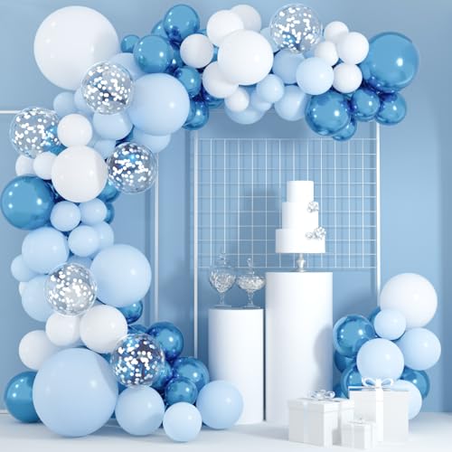 CHRORINE 108 Stück Blau Weiß Girlande Kit 18 12 10 5 Zoll Baby Blau Weiß Metallic Silber Konfetti Ballon für Jungen Geburtstag Babyparty Ozean Thema Hochzeit Frozen Party Dekorationen von CHRORINE