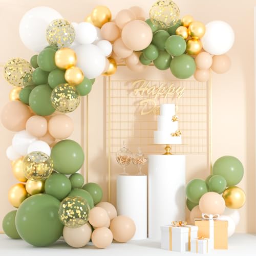 CHRORINE 108 Stück Salbeigrün Girlande Kit 45,7 cm 30,5 cm 25,7 cm Olivgrün Gold Weiß Pfirsichpuff-Konfetti-Ballons für Babyparty Geburtstag Party Hochzeit Brautparty Wild One Party Dekorationen von CHRORINE