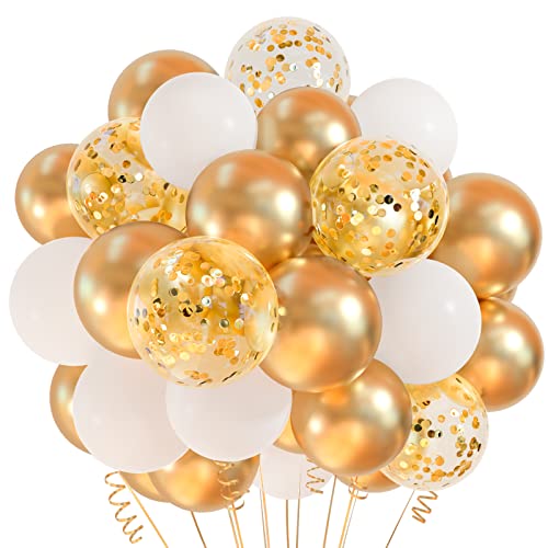 CHRORINE 50 Stück Gold Weiß Luftballons 30,5 cm Metallic Gold Konfetti Ballons mit Bändern für Geburtstag Braut Baby Shower Hochzeit Jahrestag Party Dekor von CHRORINE