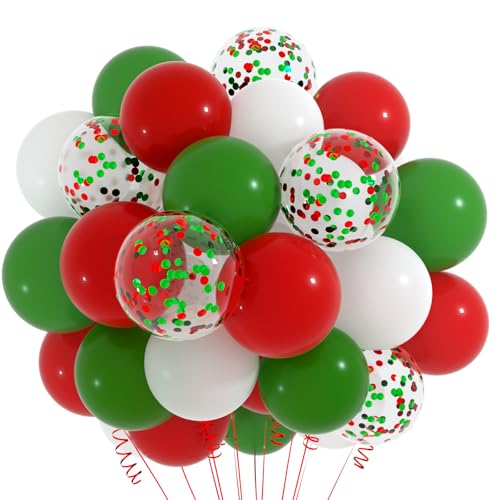 CHRORINE 50 Stück Weihnachtsballons 30,5 cm weiß rot grün Konfetti-Ballons mit Bändern für Weihnachtsfeiertage Party Dekor von CHRORINE