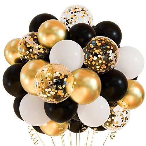 CHRORINE 50 Stück schwarze goldene Konfetti-Luftballons, 30,5 cm, weiß-schwarz und goldfarben, Luftballons mit Bändern für Abschlussfeier, Geburtstag, Hochzeit, Jahrestag, Party-Dekoration von CHRORINE