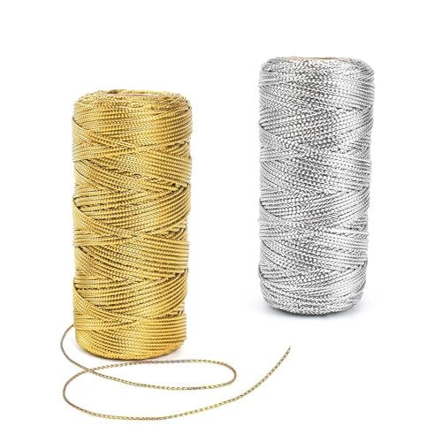 CHSEROK 2 Stück Kordel Gold, 1,5 mm x 100 m pro Rolle Schnur für Armbänder Unelastisch, Goldfaden und Silber Paketschnur, Geschenkband Gold für DIY-Seil, Schmuck, Geschenkverpackung von CHSEROK