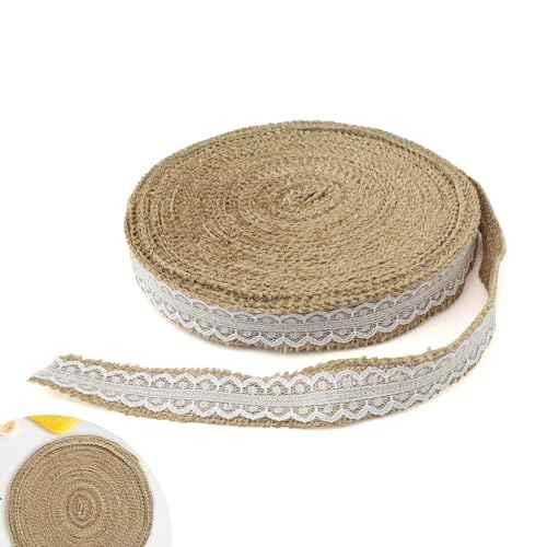 CHSEROK 20m Natürliche Jute Bänder, Juteband mit Spitze, Weiß Vintage Spitzenband, Dekoband Jute Geeignet für DIY Bastelarbeiten, Hochzeitsfeier Dekorationen, Heimdekorationen von CHSEROK