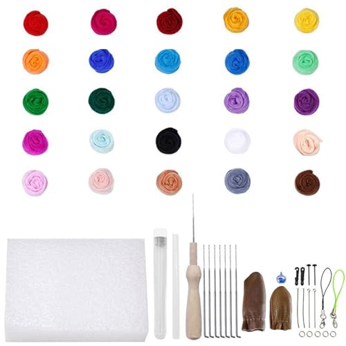 CHSEROK Trockenfilzen Set, 25 Farben Filzen Starterset, Je 2 g Filzset für Anfänger, mit Werkzeugset und Anleitung, Filzset für DIY-Bastelprojekte für Anfänger von CHSEROK