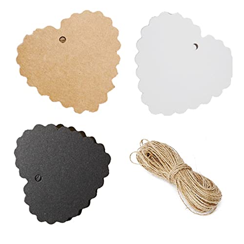 CHSYOO 300x Kraftpapieranhänger, braune, weiße und schwarze Geschenkanhänger, 6,5X6CM Herz-Lesezeichen-Karte und 10M natürliches Juteseil für Hochzeit, Weihnachten, Party-DIY-Dekoration von CHSYOO