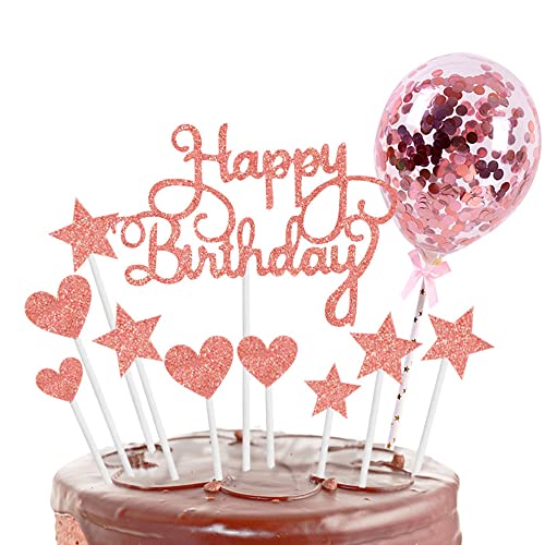 CHUANGOU Kuchendeko Sterne Cake Topper Happy Birthday Cake Topper Konfetti Ballon Kuchen Topper für Geburtstag Torten Deko (Rosegold) von CHUANGOU