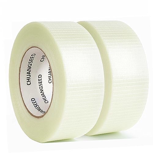 CHUANGSEED 2 Stück Filament-Umreifungsband, Filamentband Fadenverstärkt 50mm X 5m transparentes Packband glasfaserverstärktes Teppichband, Verpackungsband, starkes Klebeband (Gitter 50mm X 5m) von CHUANGSEED