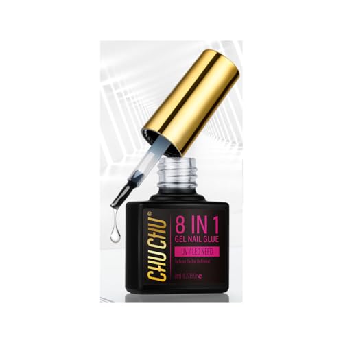 Nagelkleber Gel Kunstnägel 8 in 1: CHUCHU UV Nagellack Base Coat, Nail Glue Extra Stark zum Kleben von Press on Nails, Nageltips, Fake Nails, Künstliche Nägel, 8ml von CHUCHU