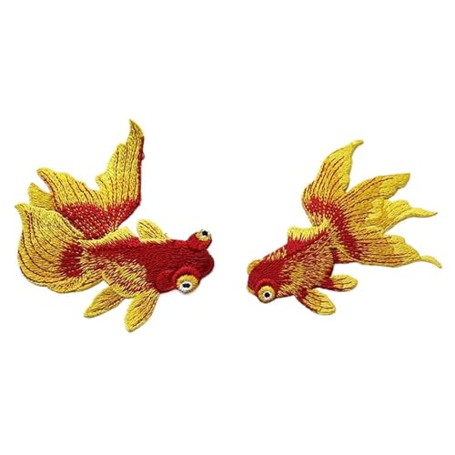 Aufnäher for Aufbügeln, 2 Stück, Goldfisch, Tierfisch, bestickte Aufnäher, chinesischer ethnischer Stil, DIY-Nähflicken, Stickapplikation, Dekorationen for Kleidung, Schuhe (Goldfisch, Rot B)(Goldfish von CHUDOU