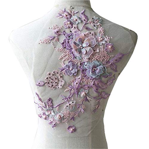 Gestickte Spitzenapplikation, Perlen-Spitzenapplikation mit 3D-Blumenstickerei, Blüten-Spitzenaufnäher, hübsches Kleid, dekorative Ergänzung, Hochzeitsparty-Motiv (schwarz)(Purple) von CHUDOU