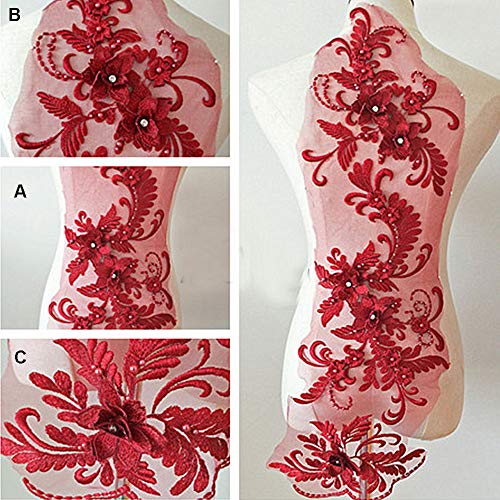 Gestickte Spitzenapplikation, zarte Spitzenapplikation mit 3D-Blumen aus Kristall, gesticktes Spitzenmotiv mit Perlendetails, Nähflicken for Abendkleider, Tanzkostüme (rot)(Burgundy) von CHUDOU