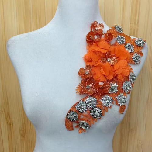 Stickapplikation aus Spitze, Stickapplikation, Spitzenband, 3D-Blumenstoffapplikation, Stickerei, Hochzeitskragen, Nähflicken for Hochzeitskleid, DIY-Dekoration. (Rot)(Orange) von CHUDOU