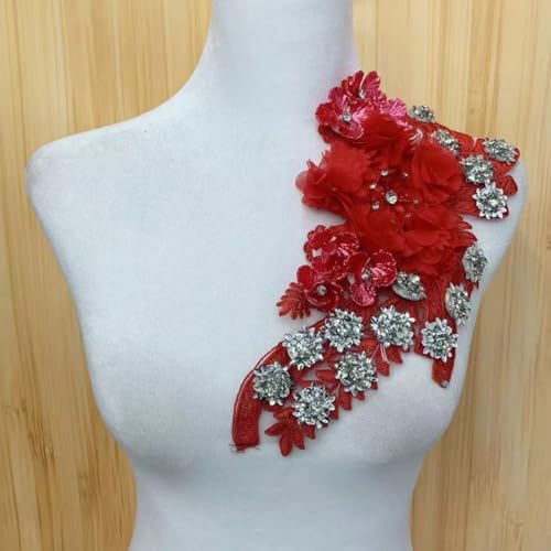 Stickapplikation aus Spitze, Stickapplikation, Spitzenband, 3D-Blumenstoffapplikation, Stickerei, Hochzeitskragen, Nähflicken for Hochzeitskleid, DIY-Dekoration. (Rot)(Red) von CHUDOU