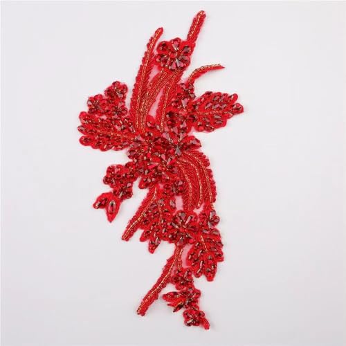 Stickapplikationen aus Spitze, Stickapplikationen, Spitzenband, 3D-Blumen, Paillettenquasten, bestickte Applikationen, Netz-Spitzenbesatz, Kragen for Aufnähen for Hochzeitsdekoration, Kleid, DIY (rot) von CHUDOU