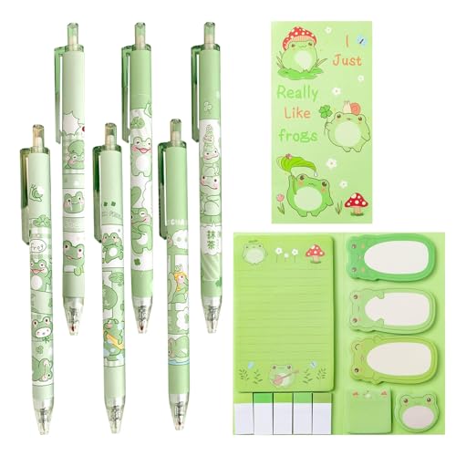 CHUNLINLAODA Frosch Schreibwaren Set – inklusive 550 Blätter Frosch Haftnotizen, 6 Stück Frosch Retractable Stifte, Niedliche Frösche Schreibwaren Geschenk Bürobedarf Schule Zubehör von CHUNLINLAODA