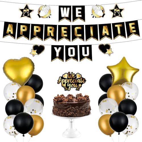 38 Stück "We Appreciate You"-Dekorationen, schwarz-goldenes Dankes-Banner, Schild, Mitarbeiter-Wertschätzungsballon, Partyzubehör, Anerkennungswoche, Dankeschön, Ihr Beitrag, Banner für Lehrer, von CHUNNIN