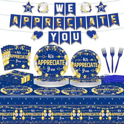 97-teiliges "We Appreciate You"-Dekorationen für Dankes-Party-Teller und Servietten-Set, Blau / Gold, Banner Tischdecke für Lehrer, Krankenschwester, Arzt, Pastor, Mitarbeiter, Erntedankzubehör von CHUNNIN