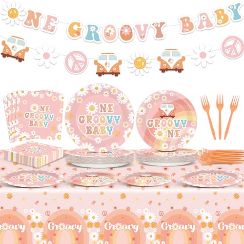 98 Stück "One Groovy Birthday Party Decoration" Groovy One Party Pappteller und Servietten Hippie Groovy Tischdecke Banner für Mädchen Hippie 1. Geschirr für Neugeborene Retro Boho Babyparty Party von CHUNNIN