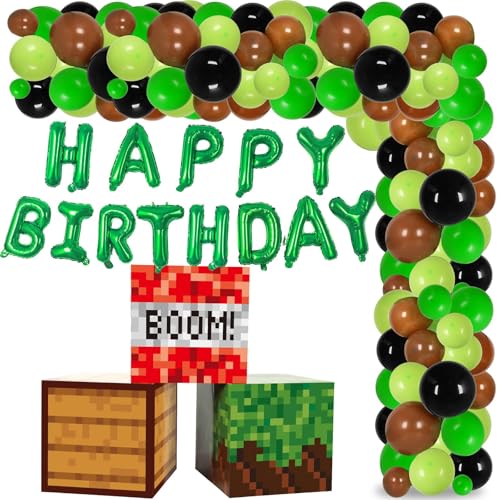 CHUNNIN 110 Stück Pixel Happy Birthday Party Dekorationen Pixel Videospiel Party Ballon Girlande Bogen Kit Pixel Mining Geburtstag Thema Mittelstücke Box für Kinder Teenager Geschenk Geburtstag Party von CHUNNIN