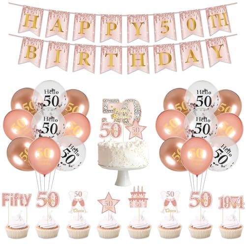 Chunnin 45 Stück Roségold 50. Geburtstag Dekorationen für Frauen Rosa Roségold Happy 50th Birthday Banner Kuchen Topper Luftballons Kit Vintage 50. Geburtstag Party Supplies 50 Jahre alt Geburtstag von CHUNNIN