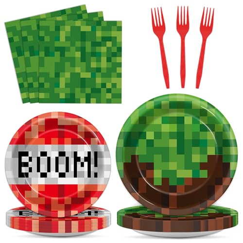 Chunnin 96 Stück Pixel Themed Teller und Servietten Mining Pixel Party Dekorationen Pixel Geburtstag Party Dessertteller Videospiel Party Geschirr Set für 24 Gäste Babyparty Geburtstag Party Supplies von CHUNNIN